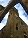 Montecassiano town, Marche region, Italy. Medieval buildings, church, clock tower, beauty, history and time