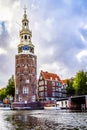 The Montelbaanstoren Montelbaans Tower, built in 1516 on the banks of the Oudeschans Canal in the old city center of Amsterdam Royalty Free Stock Photo