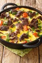 Montenegrin cuisine boiled and then baked beef with egg-milk sauce close-up in a frying pan. vertical
