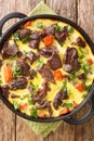 Montenegrin cuisine boiled and then baked beef with egg-milk sauce close-up in a frying pan. vertical top view