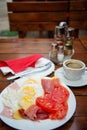 Montenegrin fried breakfast on a restaurant table,Kotor,Montenegro