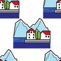 Montenegrin landscape seamless pattern house on shore and mountains