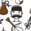 Montenegrin man with mustache and national symbols seamless pattern