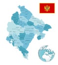 Montenegro administrative blue-green map with country flag and location on a globe