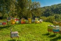 Montenegro.Apiary at the Monastery.Multi-colored hives.