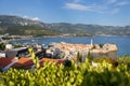 Montenegro - Budva: July 4, 2021.: Aerial view of the old town of Budva, the Adriatic sea and mountains