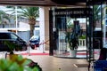 Montenegro, Budva - June, 27, 2017: Entrance to the restaurant with a revolving door made of glass