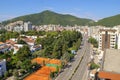 Montenegro - Budva: September 6, 2021: Aerial view of Budva city with road traffic. Main Street of touristic town with