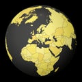 Montenegro on dark globe with yellow world map.