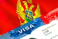 Montenegro immigration visa. Closeup Visa to Montenegro focusing on word VISA, 3D rendering. Travel or migration to Montenegro Royalty Free Stock Photo