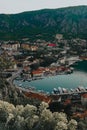 Montenegro. Kotor. 16.05.2020 View of the city of Kotor from the mountain Ladder of Kotor, San Giovanni castle view. Mountains sea