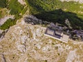 Montenegro. Lovcen National Park. Mausoleum of Negosh on Mount Lovcen. Drone. Aerial view. Viewpoint. Popular tourist