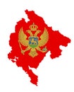 Montenegro map and coat of arms, seal or national emblem over map.