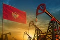 Montenegro oil industry concept. Industrial illustration - Montenegro flag and oil wells against the blue and yellow sunset sky