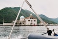 Montenegro. Perast. 16.05.2020 Boka island Church of Our Lady of the Rocks Kotor Bay. View from the boat Royalty Free Stock Photo