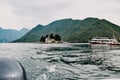 Montenegro. Perast. 16.05.2020 Boka island Church of Our Lady of the Rocks Kotor Bay. View from the boat Royalty Free Stock Photo