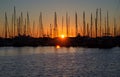 Montenegro's harbor on sunset, silhouettes of sailboat in the p Royalty Free Stock Photo