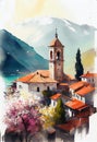 Montenegro in springtime, watercolor. AI generative. Travel