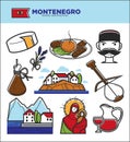 Montenegro tourism travel famous symbols and tourist culture landmarks vector icons