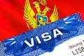 Montenegro Visa in passport. USA immigration Visa for Montenegro citizens focusing on word VISA. Travel Montenegro visa in Royalty Free Stock Photo