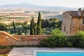 Montepulciano, Tuscany, Italy luxury garden pool with a landcscape wiew Royalty Free Stock Photo