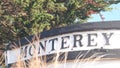 Monterey sign on boat stern, fisherman vessel near Cannery Row and Bay Aquarium. Royalty Free Stock Photo