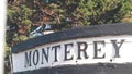 Monterey sign on boat stern, fisherman vessel near Cannery Row and Bay Aquarium. Royalty Free Stock Photo