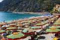 Colorful beach umbrella at the Monterosso beach, Cinque Terre,Liguria, Italy Royalty Free Stock Photo