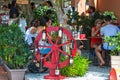 Tourists dine at an outdoor cafe on Monterosso Beach, Monterosso, Italy