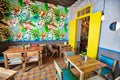 Monterrey, Mexico-9 December, 2018: Colorful cafes and restaurants in the center of the old city Barrio Antiguo at a peak