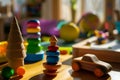 Montessori early education. Wooden table full of educational material, wood educational toys in kindergarten, preschool Royalty Free Stock Photo