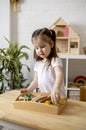 Montessori material. Daughter learn transport through the game. Wooden railroad