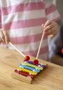 Montessori material. Home education. Mom and daughter are learning musical instruments