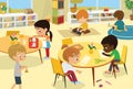 Montessori School Class. Vector illustrations of children in the playroom, boys and girls involved in Montessori