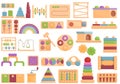 Montessori system icons set cartoon vector. Childhood block