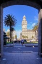 Montevideo, Uruguay, Oct 09, 2018: View through the Gateway Of Citadel to Plaza Independencia Square with Palacio Salvo