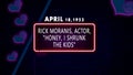 April 18, 1953 - Rick Moranis, actor, "Honey, I Shrunk the Kids", brithday noen text effect on bricks background