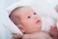 0-1 month Asian newborn baby looking to her mom with curiosity, infant open eye effect with light but still not see anything, baby Royalty Free Stock Photo