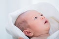 0-1 month Asian newborn baby looking to her mom with curiosity, infant open eye effect with light but still not see anything, baby Royalty Free Stock Photo