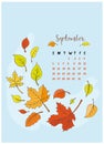 Month calendar September 2018, the yellow leaves fly, a leaf fall Royalty Free Stock Photo