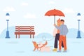 Month of dog walking. A woman and a man walking a dog in winter in the snow or rain Royalty Free Stock Photo