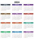 2024 month multi color calendar. Modern vector template illustration