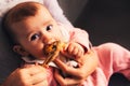 5 month old baby eating a chicken leg using the Baby led weaning BLW method Royalty Free Stock Photo