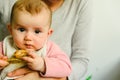 4 month old baby nibbling a chicken leg, tasting his first foods using the method of Baby led weaning BLW
