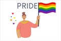Month of parade. Girl holds flag in LGBT colors. Flat vector illustration. Lesbian gay bisexual transgender at the
