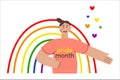 Month the parade. Girl on a rainbow background in LGBT colors. Flat vector illustration. Lesbian gay bisexual