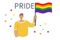 Month of parade. Man holds flag in LGBT colors. Flat vector illustration. Lesbian gay bisexual transgender at the parade