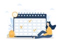 Month planning or to do list concept. Woman sitting near giant calendar. Task scheduling, work process organization