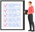 Month scheduling, to do list, time management. Businessman stands near checklist and planning