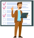 Month scheduling, to do list, time management. Businessman stands near checklist and planning